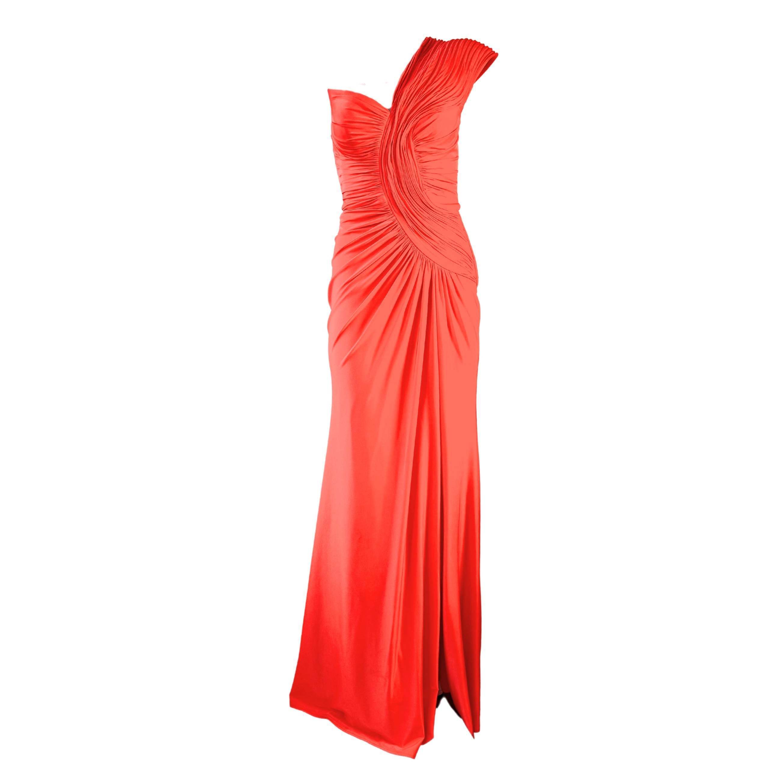 Cult Moda - Gilded Waves One-Shoulder Orange Party Cocktail Dress - Fr 38